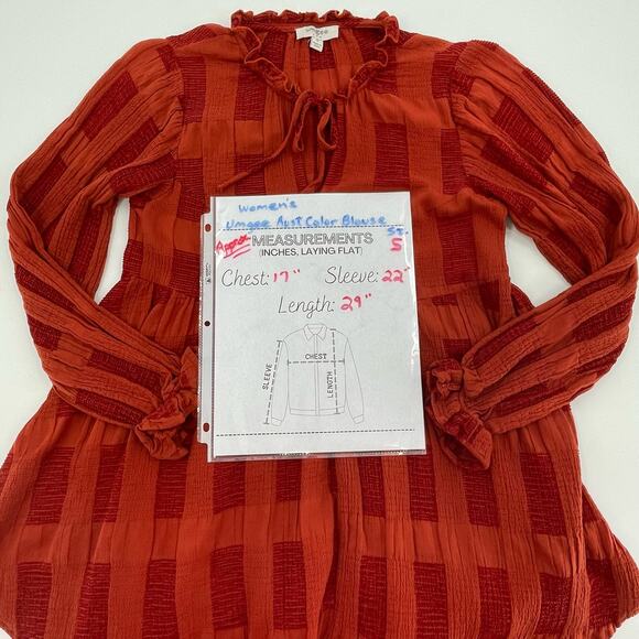 Umgee USA Women's Babydoll Blouse, Brick & Rust Colors, Patchwork, Sz. S - Picture 10 of 10